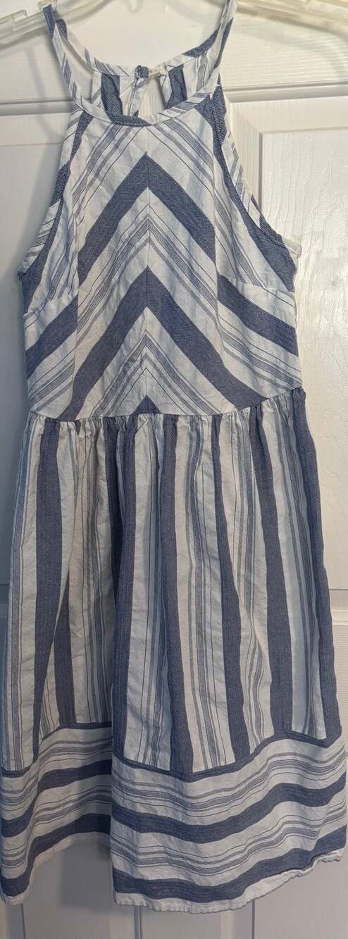 Sundress Womens M Medium Blue White Striped Cotton Halter Fit Flare Midi